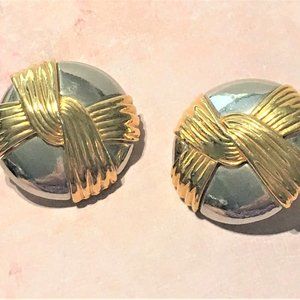 Bold Two-tone Vintage Clip Earrings, Rope Tied